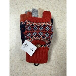 Fingerless Knit Gloves Womens Red Fair Isle Convertible Mitten Flap Winter Warm